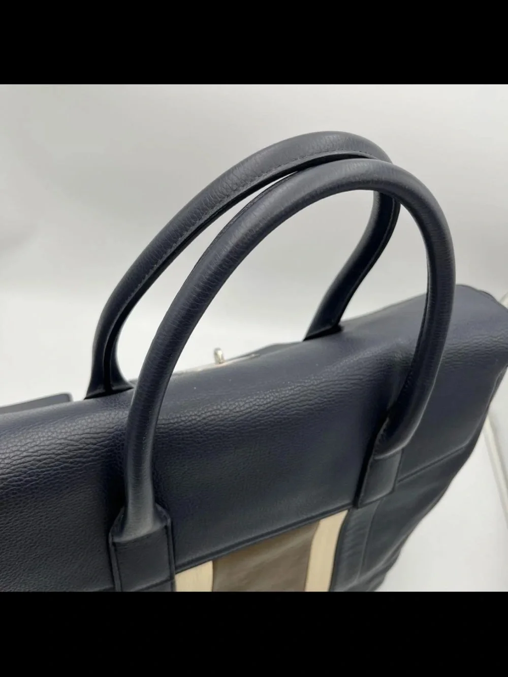 Mulberry Navy Leather Tote with Cream and Olive Center Stripe